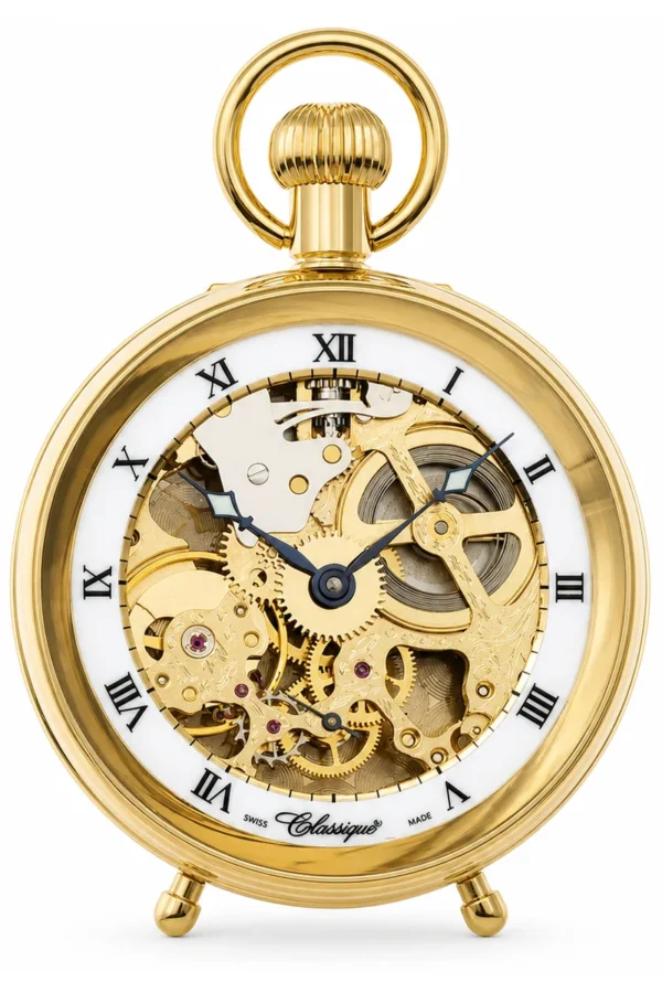 Gents 49mm Gold Plated Open Face Mechanical Swiss Made Skeleton Desktop Pocket Watch image 1 Gents 49mm Gold Plated Open Face Mechanical Swiss Made Skeleton Desktop Pocket Watch image 1