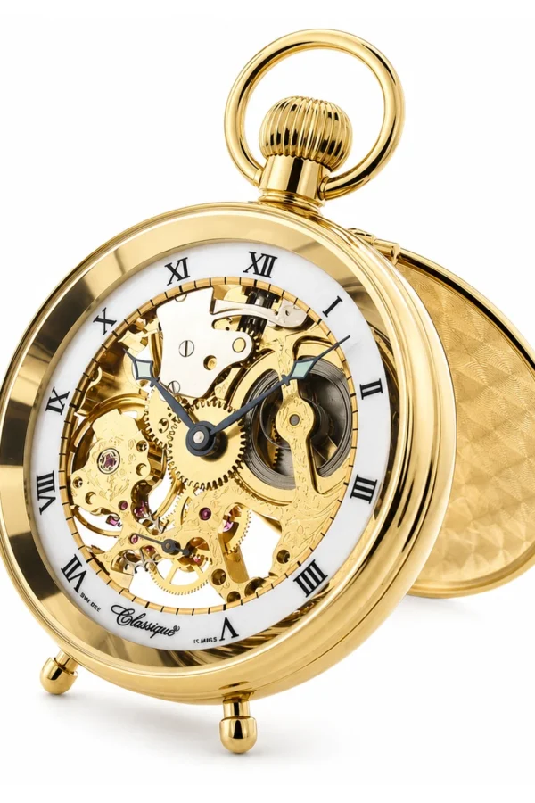 Gents 49mm Gold Plated Open Face Mechanical Swiss Made Skeleton Desktop Pocket Watch image 2 Gents 49mm Gold Plated Open Face Mechanical Swiss Made Skeleton Desktop Pocket Watch image 2