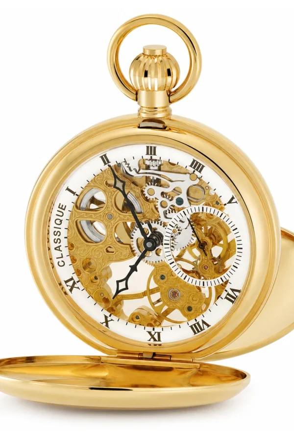 Gents 49mm Gold Plated Skeleton Mechanical Pocket Watch image 1 Gents 49mm Gold Plated Skeleton Mechanical Pocket Watch image 1