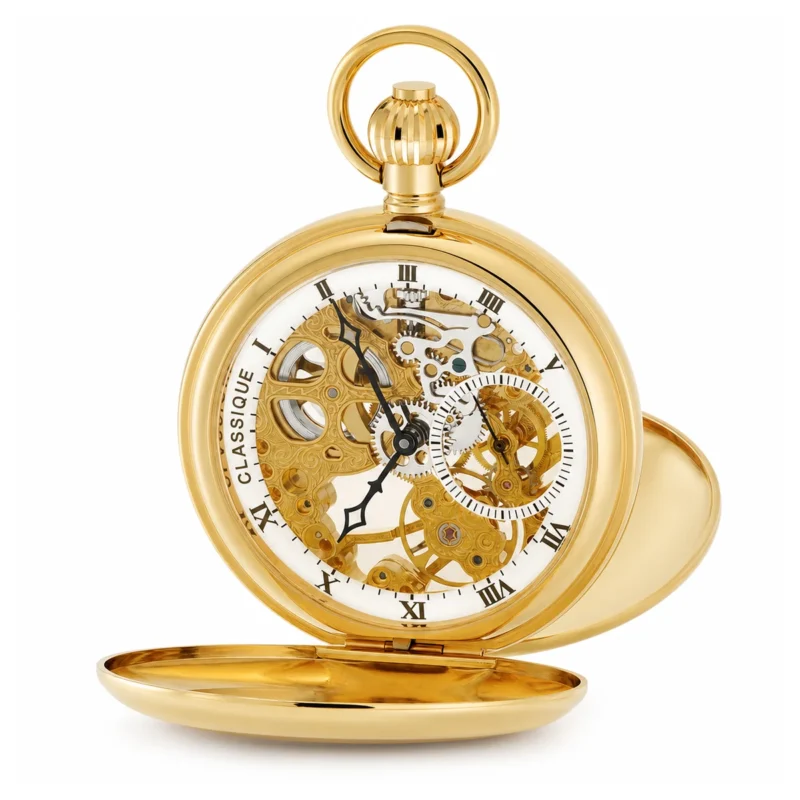 Gents 49mm Gold Plated Skeleton Mechanical Pocket Watch