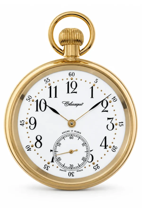 Gents 49mm Gold Plated Stainless Steel Mechanical Open Face Swiss Made Pocket Watch image 1 Gents 49mm Gold Plated Stainless Steel Mechanical Open Face Swiss Made Pocket Watch image 1