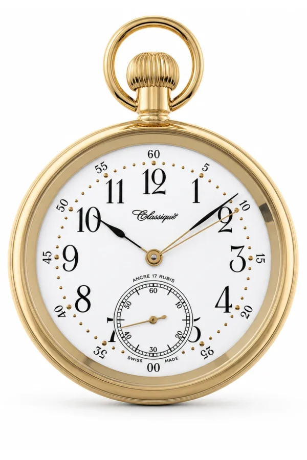 Gents 49mm Gold Plated Stainless Steel Mechanical Open Face Swiss Made Pocket Watch image 2 Gents 49mm Gold Plated Stainless Steel Mechanical Open Face Swiss Made Pocket Watch image 2