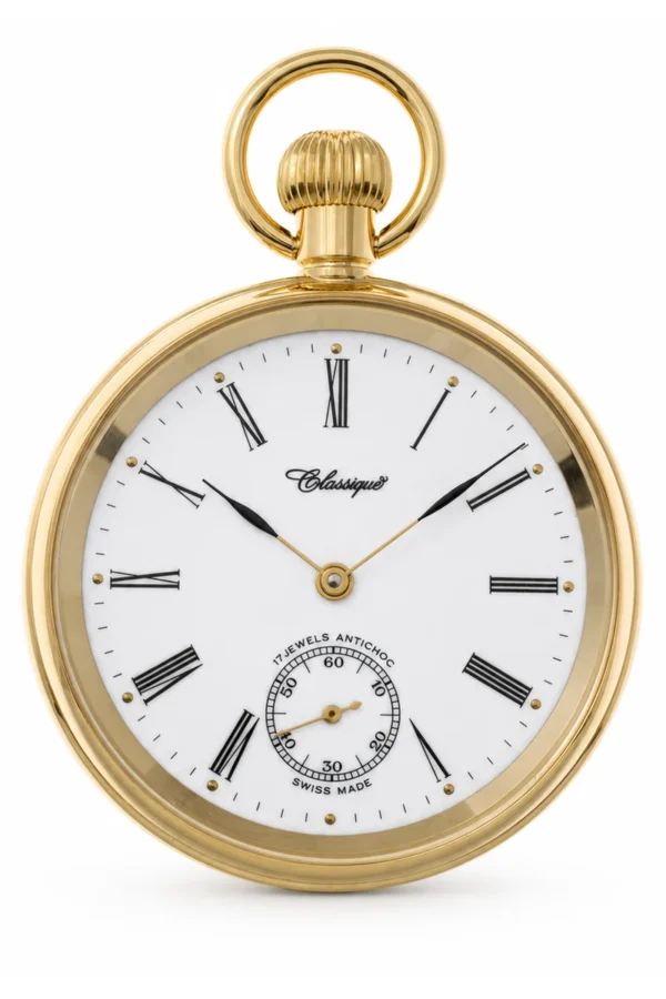 Gents 49mm Gold Plated Stainless Steel Mechanical Open Face Swiss Made Pocket Watch image 3 Gents 49mm Gold Plated Stainless Steel Mechanical Open Face Swiss Made Pocket Watch image 3