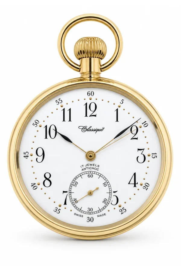 Gents 49mm Gold Plated Stainless Steel Mechanical Open Face Swiss Made Pocket Watch image 4 Gents 49mm Gold Plated Stainless Steel Mechanical Open Face Swiss Made Pocket Watch image 4