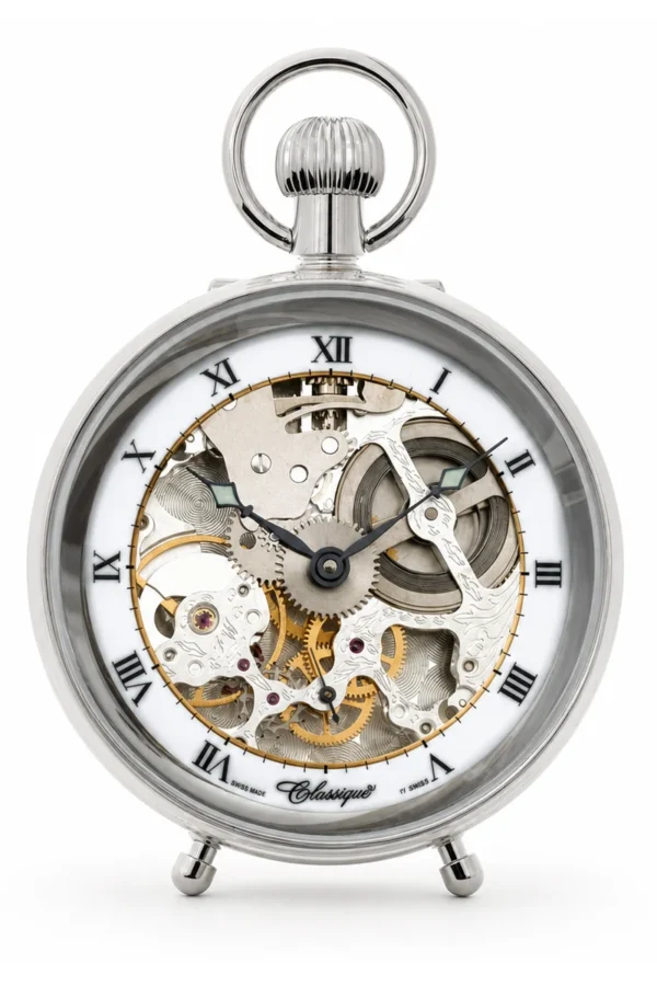 Gents 49mm Palladium Plated Open Face Mechanical Swiss Made Skeleton Desktop Pocket Watch image 1 Gents 49mm Palladium Plated Open Face Mechanical Swiss Made Skeleton Desktop Pocket Watch image 1