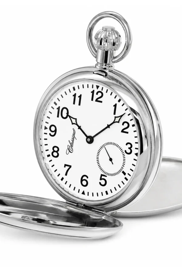 Gents 49mm Rhodium Plated Skeleton Mechanical Pocket Watch image 1