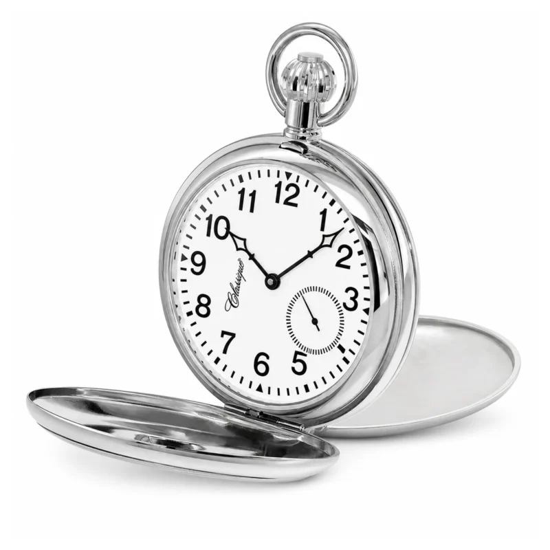 Gents 49mm Rhodium Plated Skeleton Mechanical Pocket Watch
