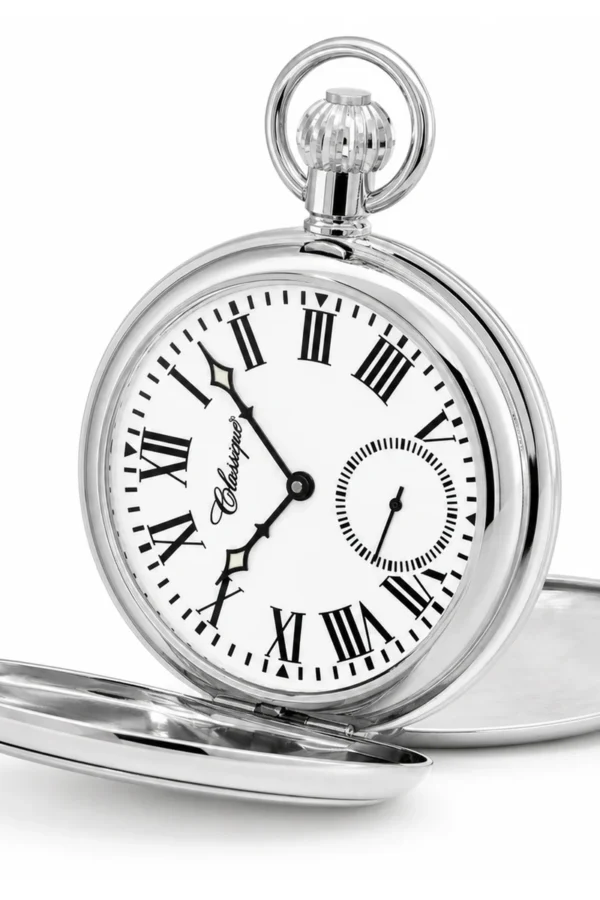 Gents 49mm Rhodium Plated Skeleton Mechanical Pocket Watch image 4