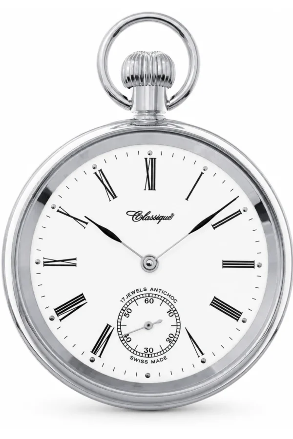 Gents 49mm Stainless Steel Mechanical Open Face Swiss Made Pocket Watch image 1