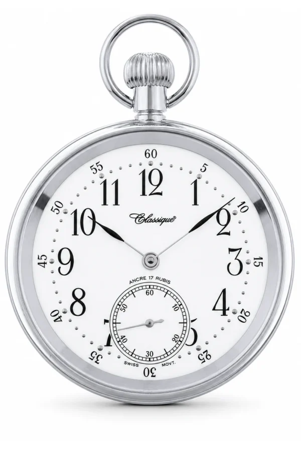 Gents 49mm Stainless Steel Mechanical Open Face Swiss Made Pocket Watch image 2