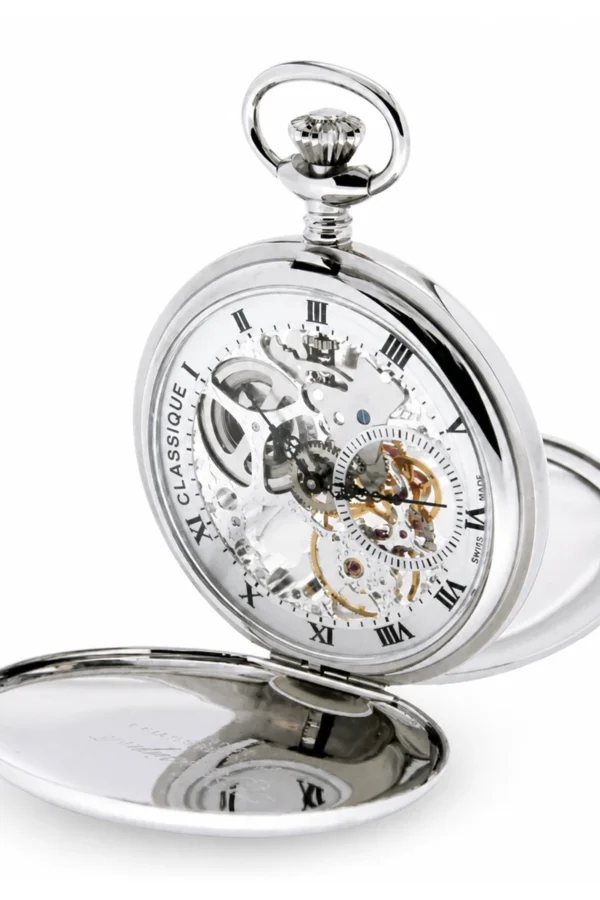 Gents 49mm Stainless Steel Skeleton Swiss Made Pocket Watch image 1 Gents 49mm Stainless Steel Skeleton Swiss Made Pocket Watch image 1