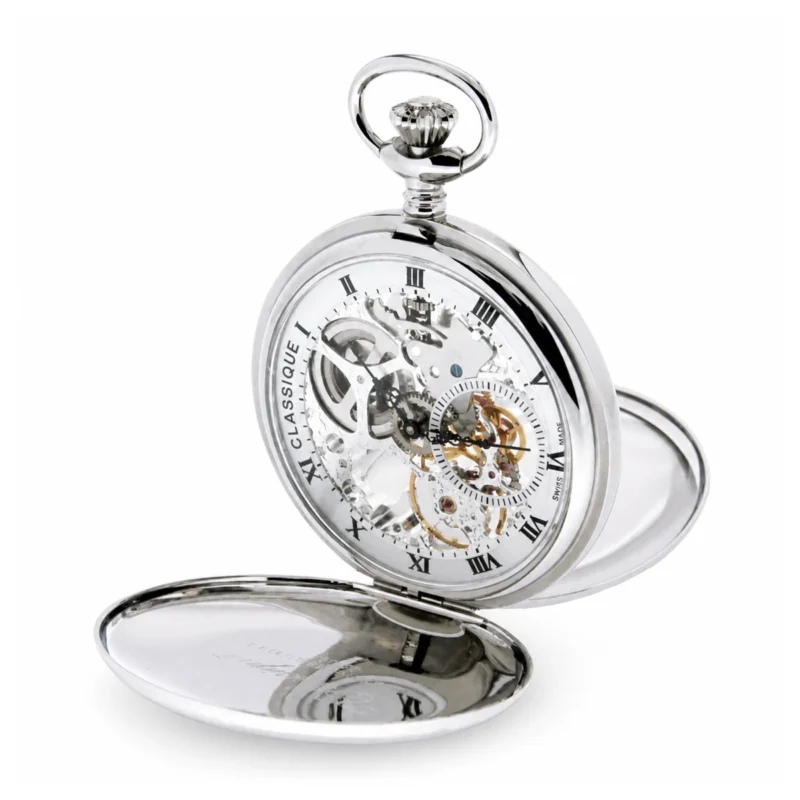 Gents 49mm Stainless Steel Skeleton Swiss Made Pocket Watch