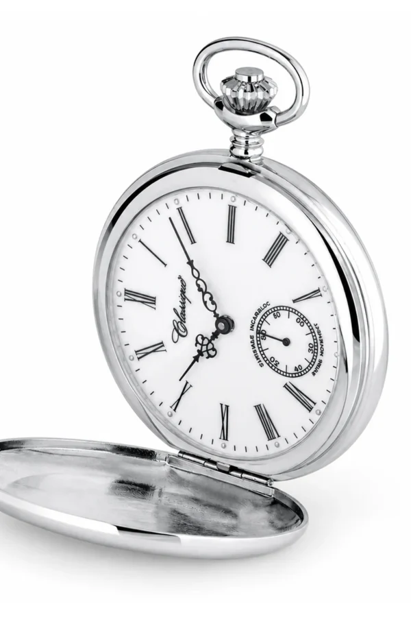 Gents 51mm Rhodium Plated Swiss Made Mechanical Pocket Watch image 2