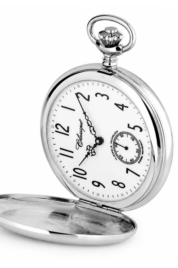 Gents 51mm Rhodium Plated Swiss Made Mechanical Pocket Watch image 3