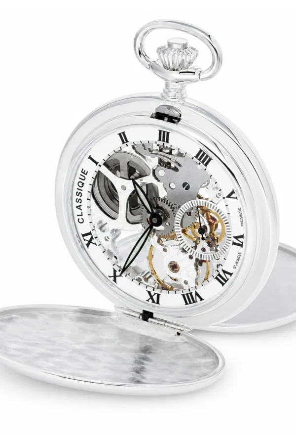 Gents 59mm Sterling Silver Mechanical Skeleton Swiss Made Pocket Watch image 1 Gents 59mm Sterling Silver Mechanical Skeleton Swiss Made Pocket Watch image 1