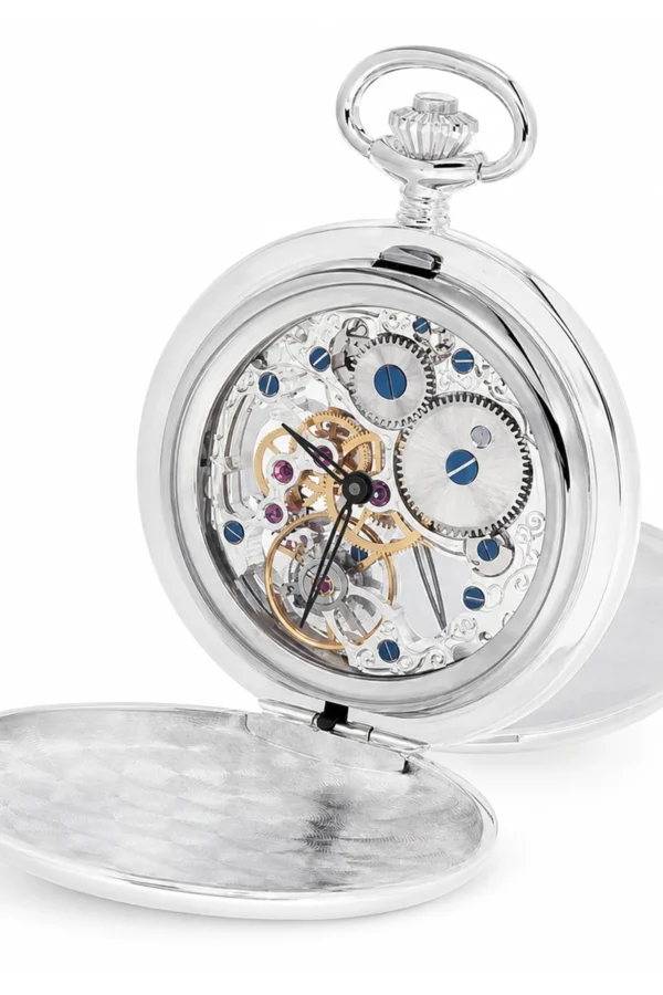 Gents 59mm Sterling Silver Mechanical Skeleton Swiss Made Pocket Watch image 2 Gents 59mm Sterling Silver Mechanical Skeleton Swiss Made Pocket Watch image 2