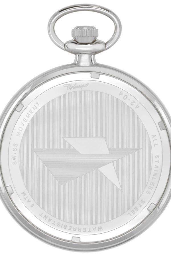 FACS4204W-BACK Gents 48mm Rhodium Plated Open Face Swiss Quartz Pocket Watch back view