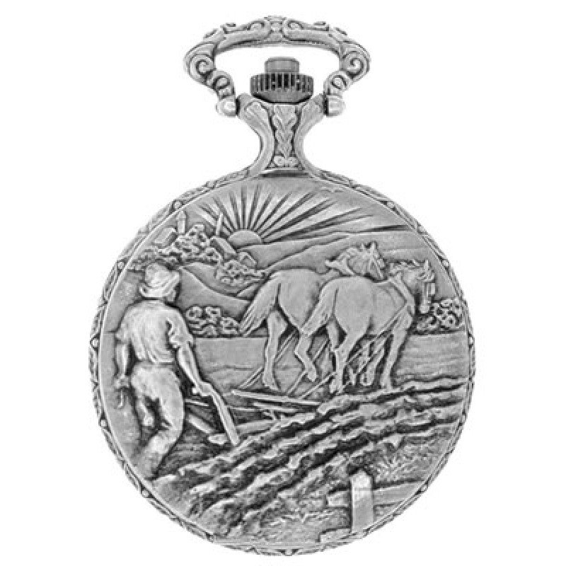 Gents 48mm Pewter Antique Rhodium Plated "Farmer" Swiss Quartz Pocket Watch