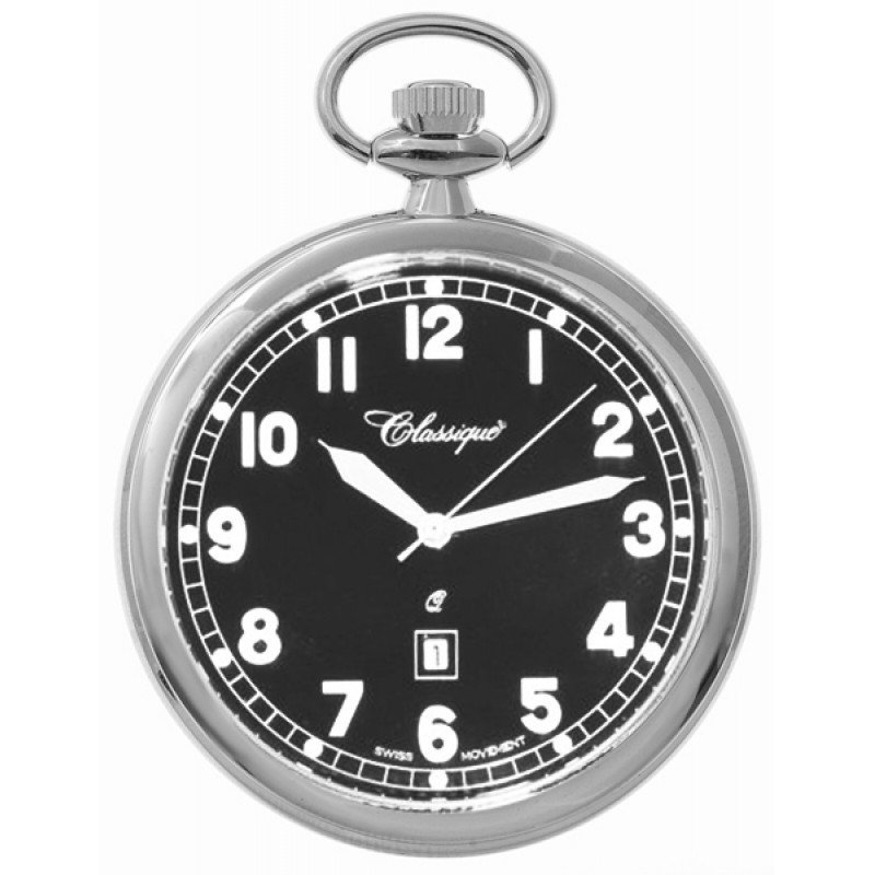 Gents 48mm Rhodium Plated Black Dial Open Face Swiss Quartz Pocket Watch AU image 1 Gents 48mm Rhodium Plated Black Dial Open Face Swiss Quartz Pocket Watch AU image 1