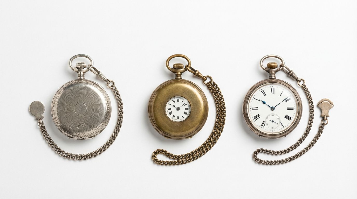 Types of pocket watches — full hunter, half hunter and open face side by side