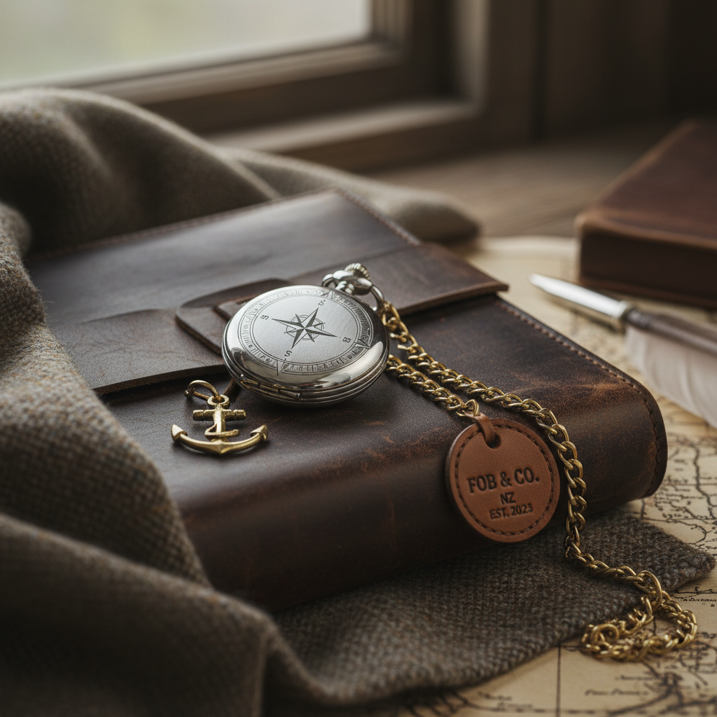 Hero lifestyle shot of a pocket watch gift for fobandco.co.nz. MUST clearly show a pocket watch or pocket watch chain on