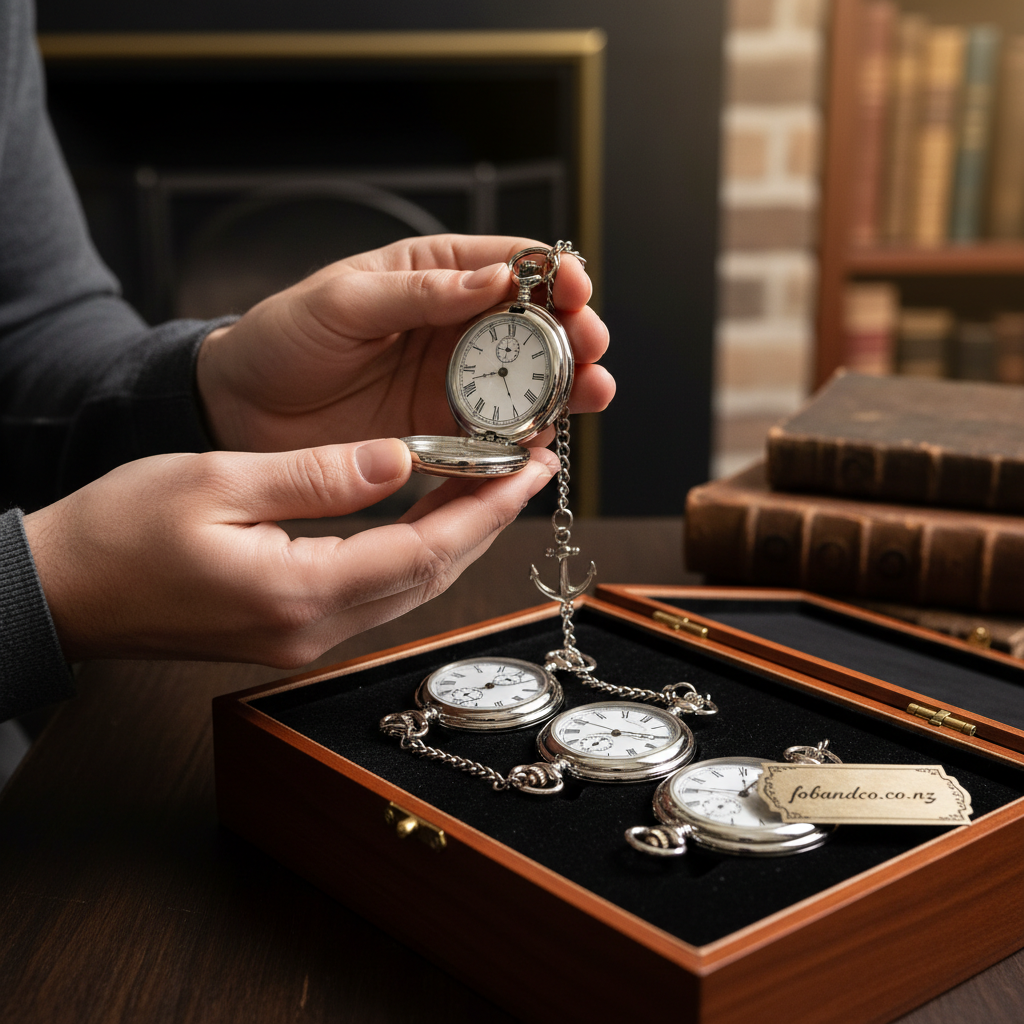Mid-article supporting image of a person handling or selecting a pocket watch gift for fobandco.co.nz. Pocket watch cont