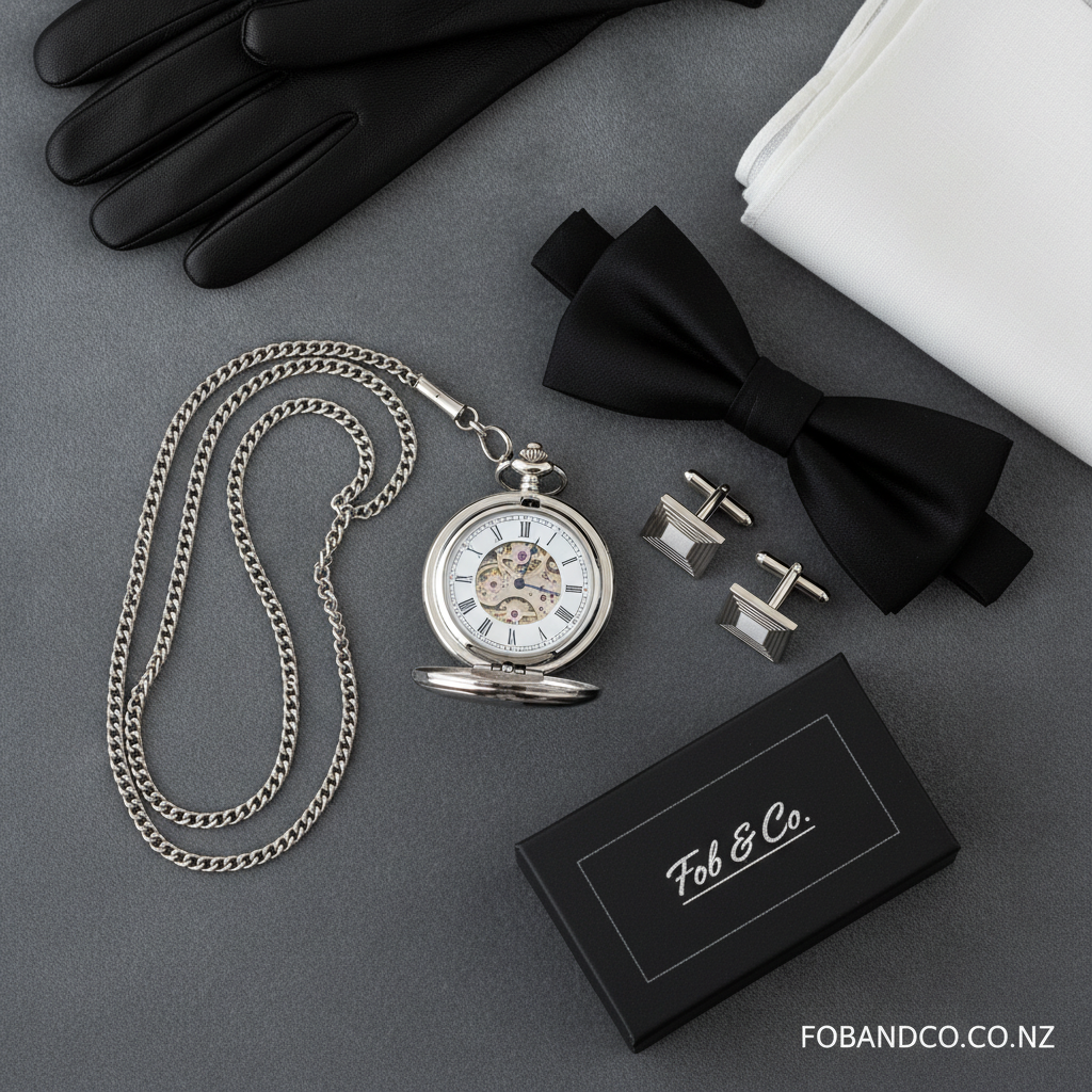 Detail close-up or styled flat-lay of a pocket watch gift with complementary formal accessories for fobandco.co.nz. Pock