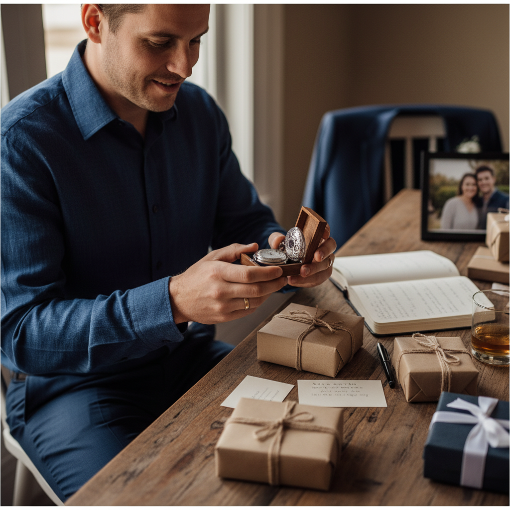 Mid-article supporting image of a man holding an engraved pocket watch gift box while choosing groomsmen gifts, warm autumn light and thoughtful wedding preparation
