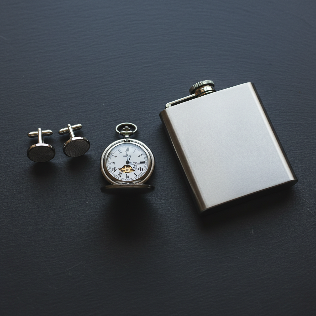 Detail flat-lay close-up of pocket watch, cufflinks and hip flask arranged as coordinated groomsmen gift ideas on a clean neutral surface