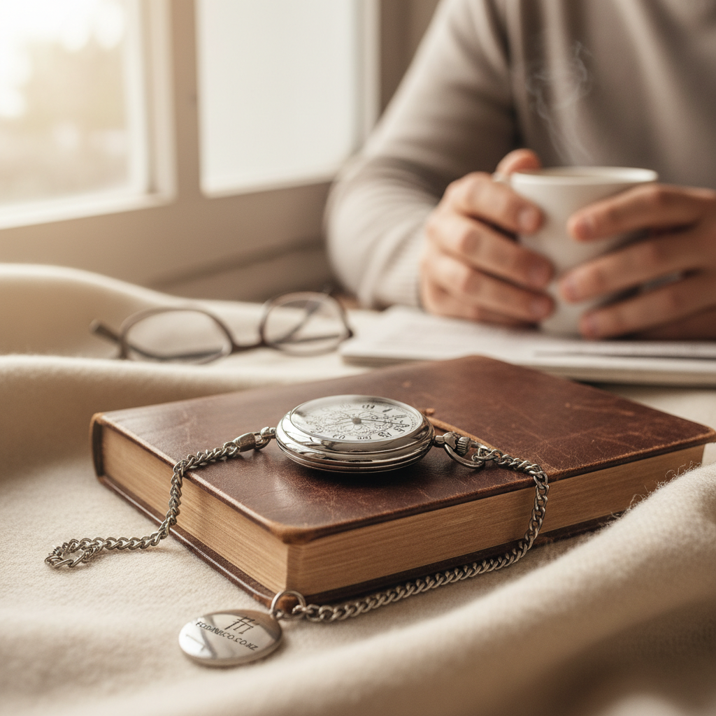 Hero lifestyle shot of a fathers day pocket watch gift for fobandco.co.nz. Clearly show a pocket watch with refined formal styling and gift-ready presentation.