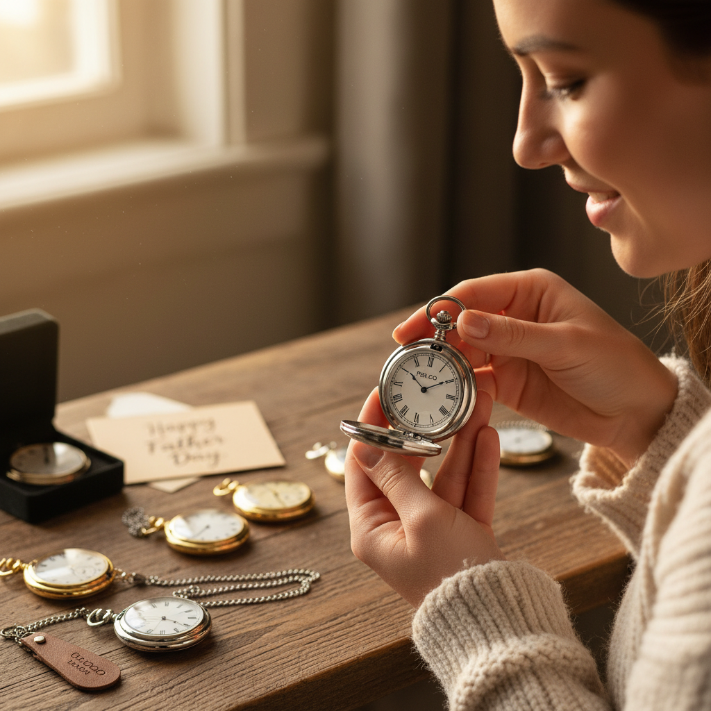 Mid-article supporting image of a person handling or selecting a fathers day pocket watch gift for fobandco.co.nz. Show the pocket watch and chain in a natural gifting moment.