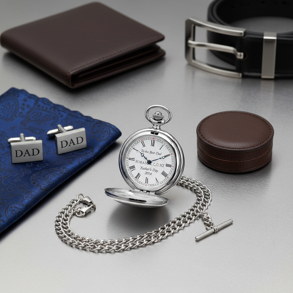 Detail close-up or styled flat-lay of a fathers day pocket watch gift with complementary formal accessories for fobandco.co.nz. Show the watch, chain, and elegant gift styling.