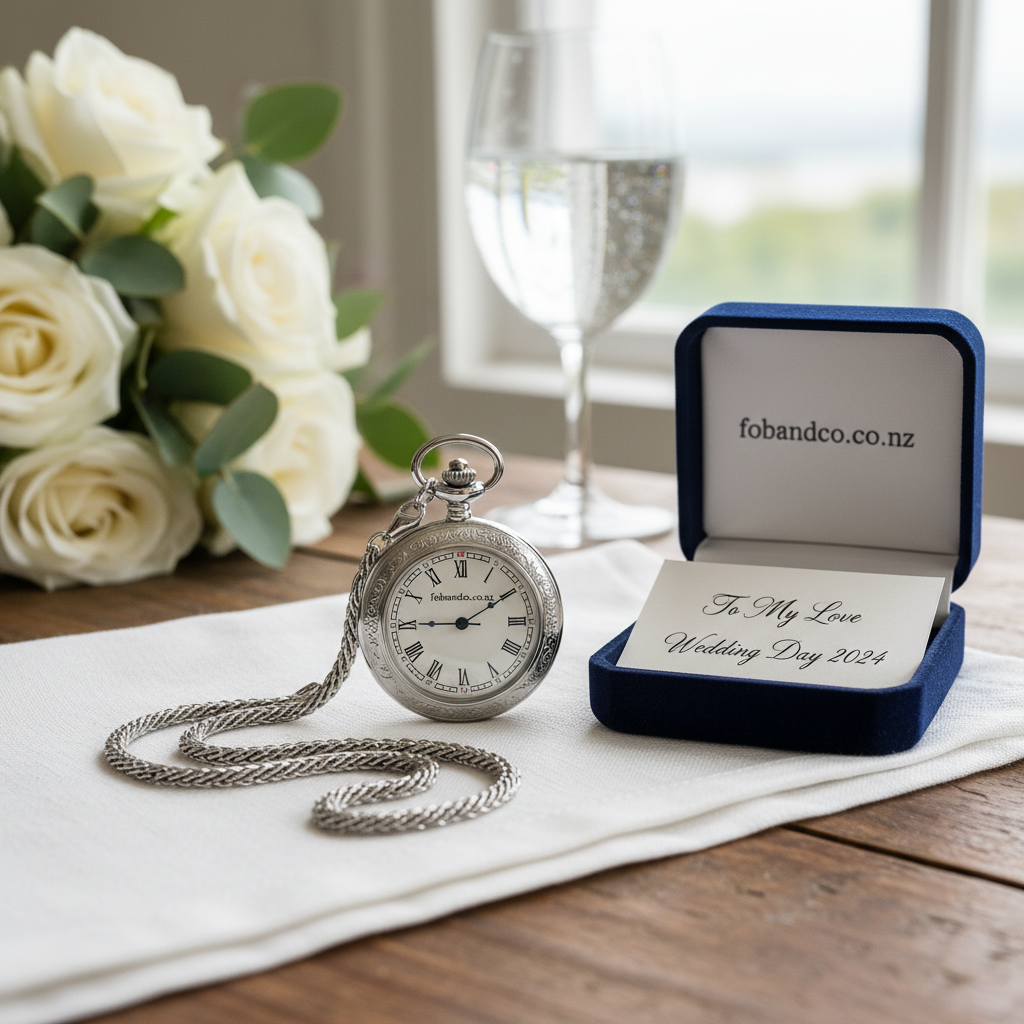 Hero lifestyle shot of a wedding gift pocket watches for fobandco.co.nz. MUST clearly show a pocket watch or pocket watch chain in a formal wedding setting, with no wristwatch visible.