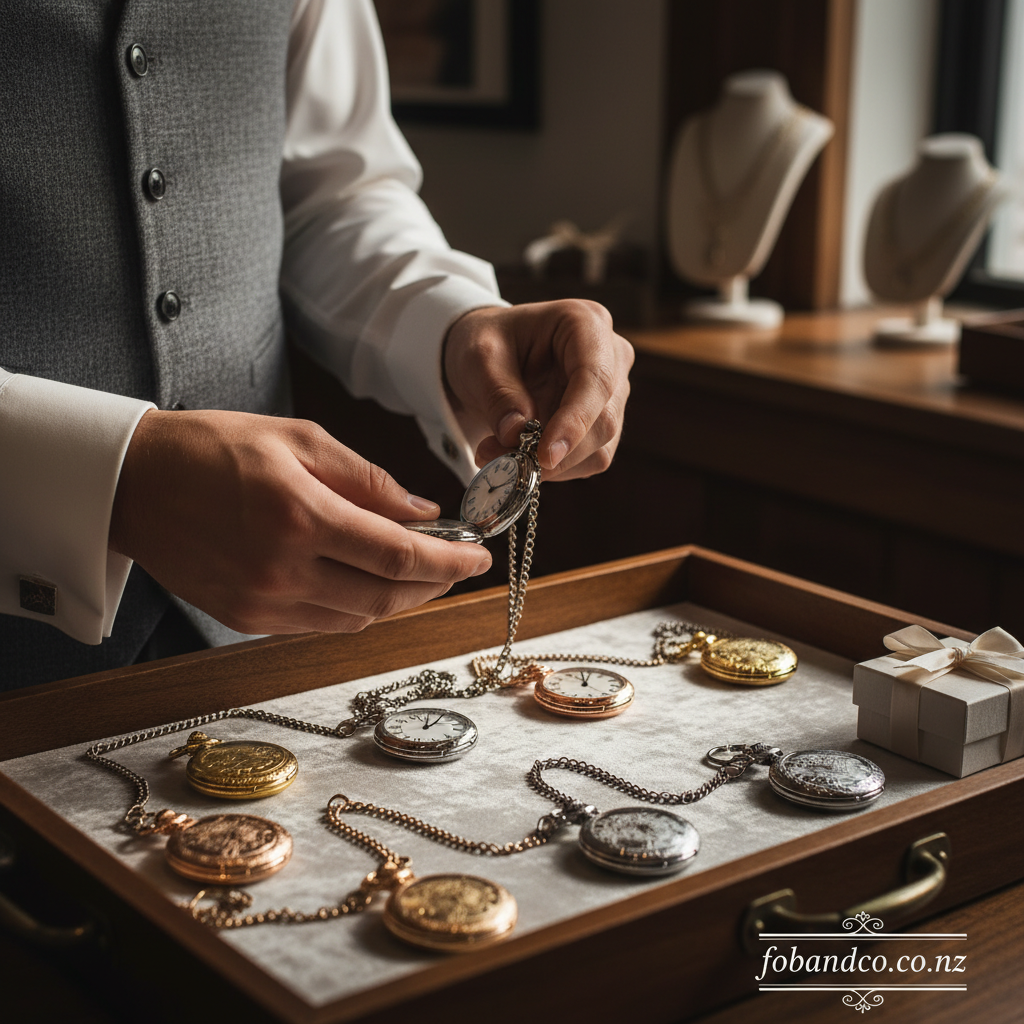 Mid-article supporting image of a person handling or selecting a wedding gift pocket watches for fobandco.co.nz. Pocket watch and chain should be the focus, with formal wedding accessories nearby and no wristwatch visible.