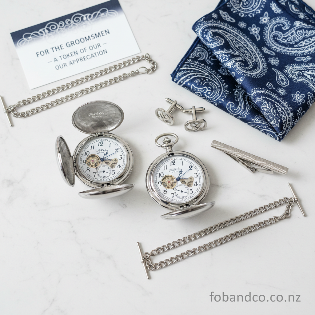 Detail close-up or styled flat-lay of a wedding gift pocket watches with complementary formal accessories for fobandco.co.nz. The pocket watch should be sharply in focus, surrounded by tasteful wedding accessories and no wristwatch.