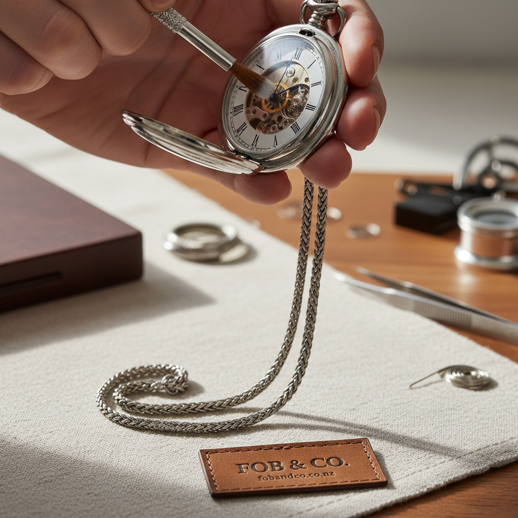 Hero lifestyle shot of a mechanical pocket watch for fobandco.co.nz, clearly showing a pocket watch and chain on a refined surface.
