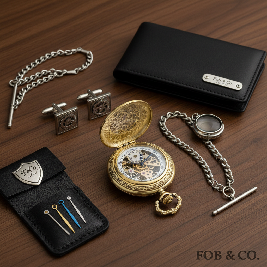 Detail close-up flat-lay of a mechanical pocket watch with a chain and formal accessories.