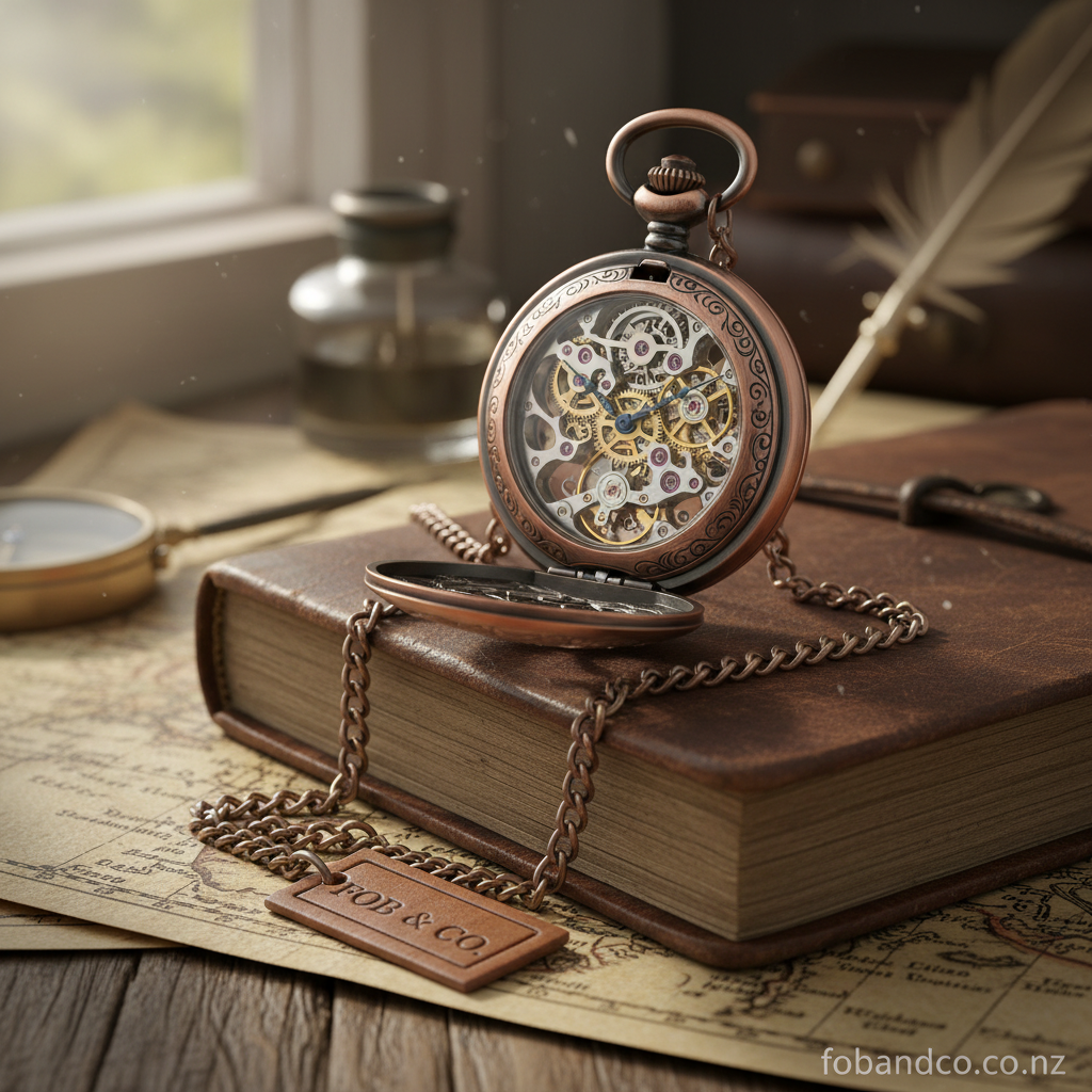 Hero lifestyle shot of a skeleton pocket watch for fobandco.co.nz. MUST clearly show a pocket watch or pocket watch chain only, with no wristwatch styling.