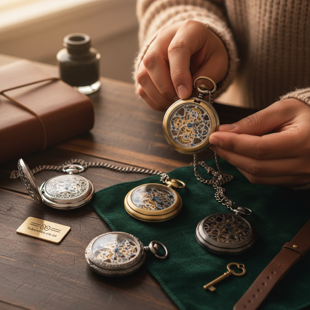 Mid-article supporting image of a person handling or selecting a skeleton pocket watch for fobandco.co.nz. Pocket watch only, no wristwatch or smartwatch.