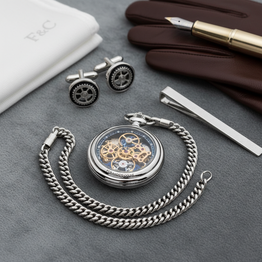 Detail close-up or styled flat-lay of a skeleton pocket watch with complementary formal accessories for fobandco.co.nz. Pocket watch and accessories only, no wristwatch imagery.