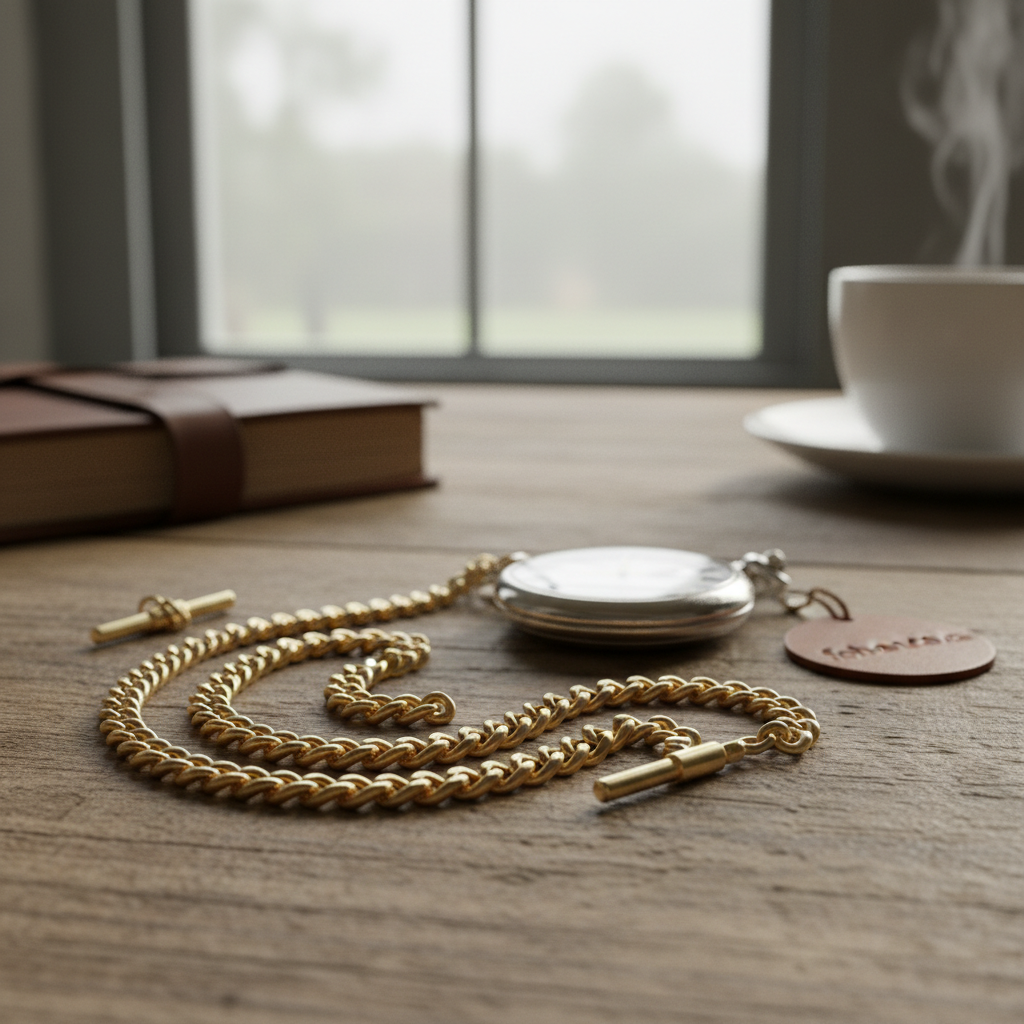 Hero lifestyle shot of a pocket watch chain for fobandco.co.nz. MUST clearly show a pocket watch or pocket watch chain on a formal outfit.