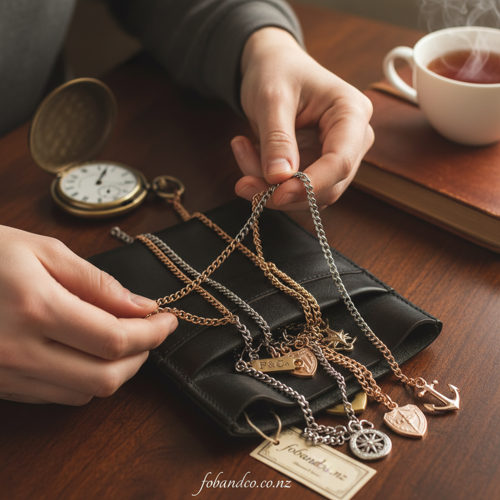 Mid-article supporting image of a person handling or selecting a pocket watch chain for fobandco.co.nz. Pocket watch chain choice should feel deliberate and stylish.