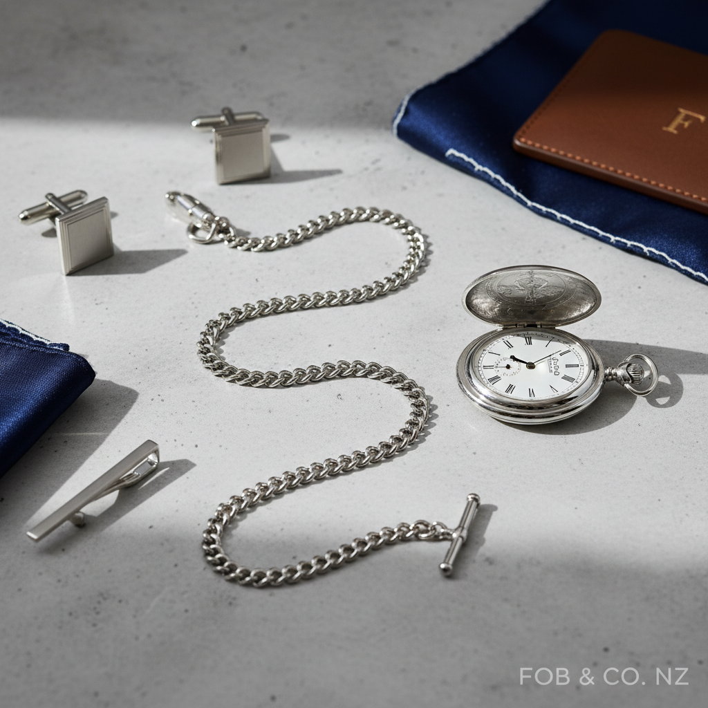 Detail close-up or styled flat-lay of a pocket watch chain with complementary formal accessories for fobandco.co.nz. Pocket watch chain styling should feel refined and coordinated.