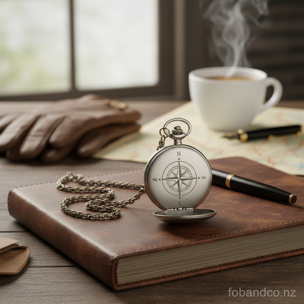 Hero lifestyle shot of a full hunter pocket watch for fobandco.co.nz. MUST clearly show a pocket watch or pocket watch chain only, no wristwatch or smartwatch styling.