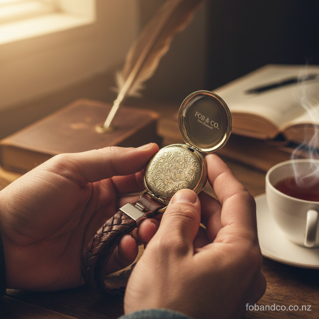Mid-article supporting image of a person handling or selecting a full hunter pocket watch for fobandco.co.nz. Pocket watch or pocket watch chain only, no wristwatch.