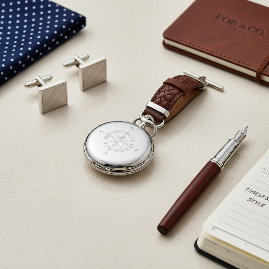 Detail close-up or styled flat-lay of a full hunter pocket watch with complementary formal accessories for fobandco.co.nz. Pocket watch only, no wristwatch or smartwatch imagery.