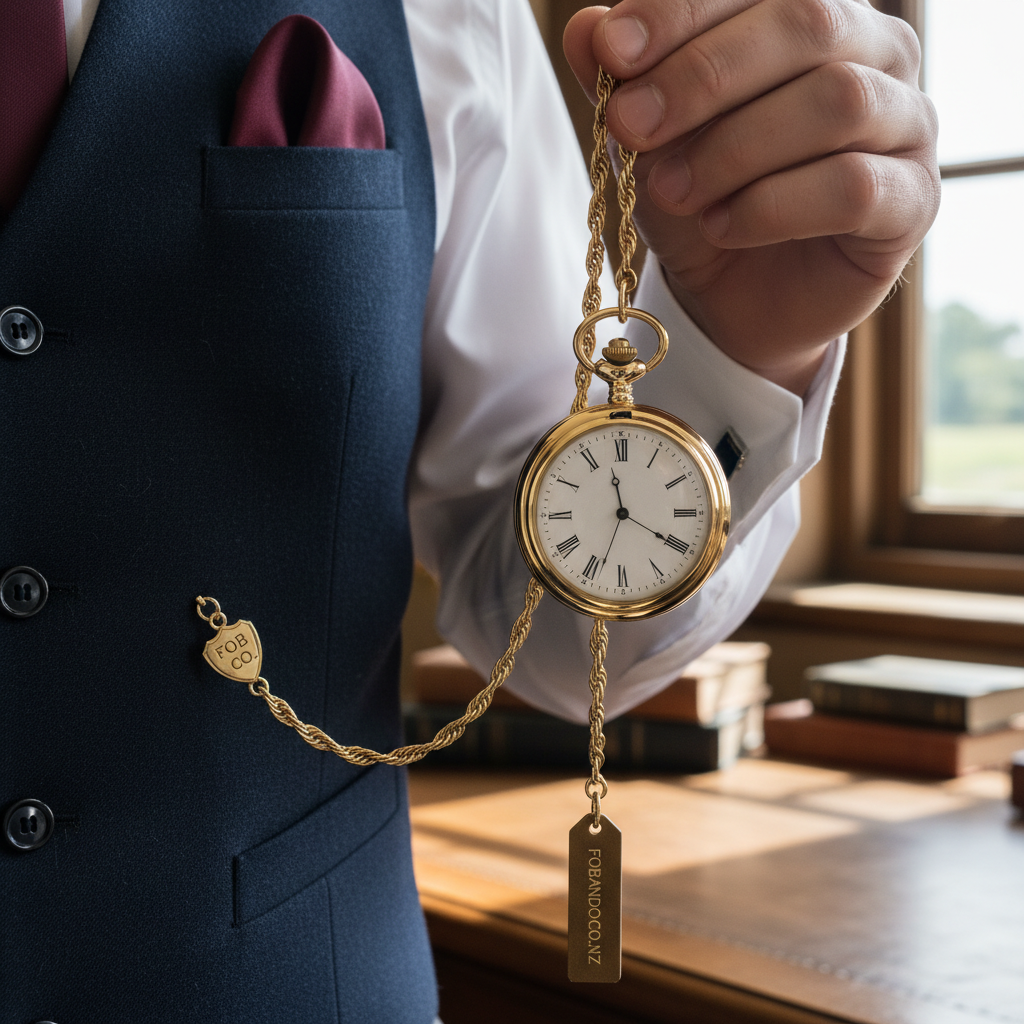 Hero lifestyle shot of a pocket watch formalwear for fobandco.co.nz. MUST clearly show a pocket watch or pocket watch chain only, styled for formalwear.