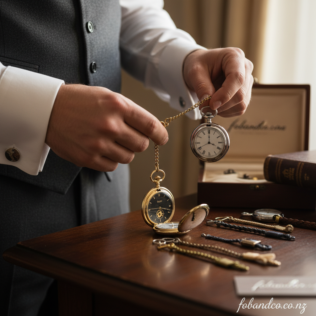 Mid-article supporting image of a person handling or selecting a pocket watch formalwear for fobandco.co.nz. Pocket watch chain only, no wristwatch styling.