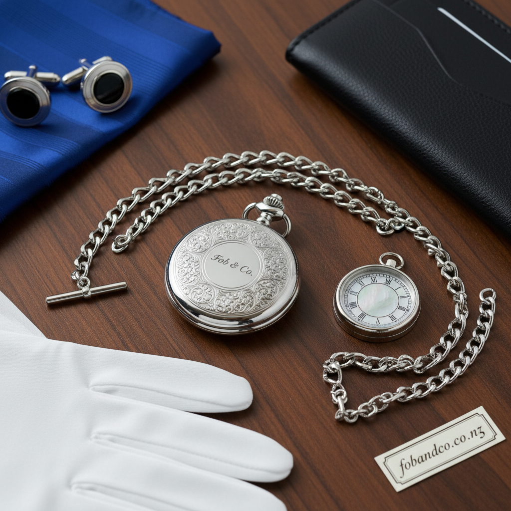 Detail close-up or styled flat-lay of a pocket watch formalwear with complementary formal accessories for fobandco.co.nz, pocket watch and formal accessories only.