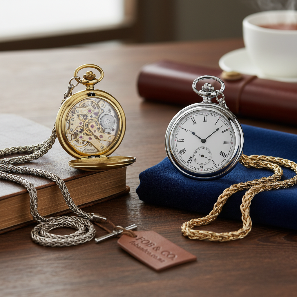 Hero lifestyle shot of a mechanical vs quartz pocket watches for fobandco.co.nz. MUST clearly show a pocket watch or pocket watch chain in a formal New Zealand setting.